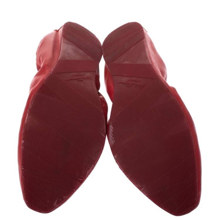 Pre Owned Salvatore Ferragamo Red Leather My Joy Scrunch Ballet Flats Size 39