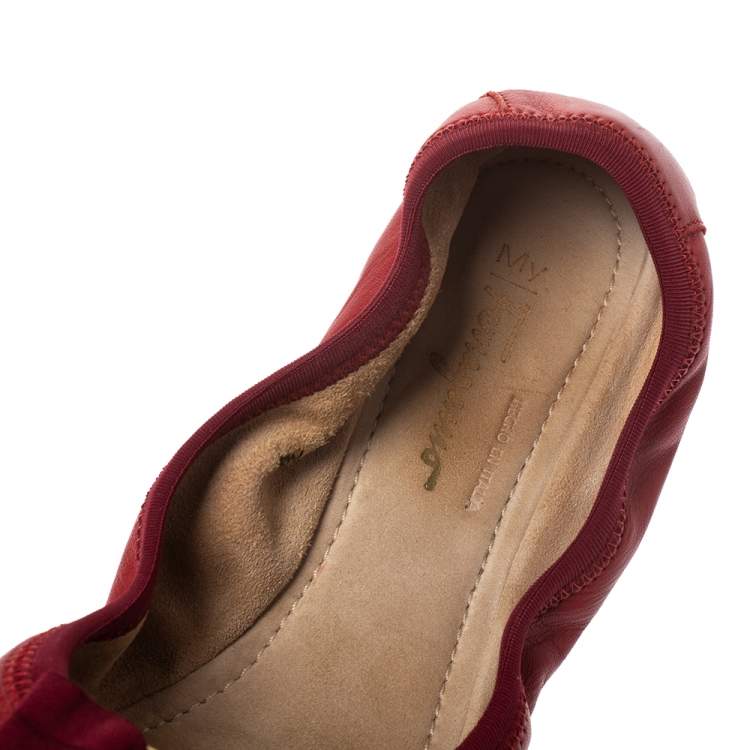 Pre Owned Salvatore Ferragamo Red Leather My Joy Scrunch Ballet Flats Size 39