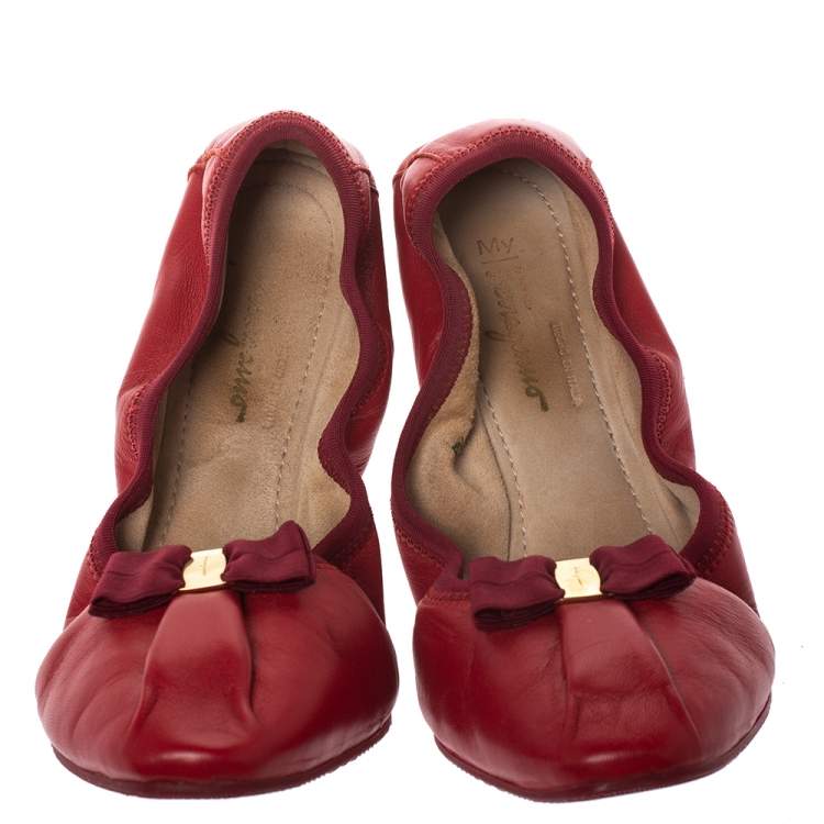 Pre Owned Salvatore Ferragamo Red Leather My Joy Scrunch Ballet Flats Size 39