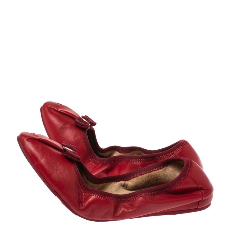 Pre Owned Salvatore Ferragamo Red Leather My Joy Scrunch Ballet Flats Size 39