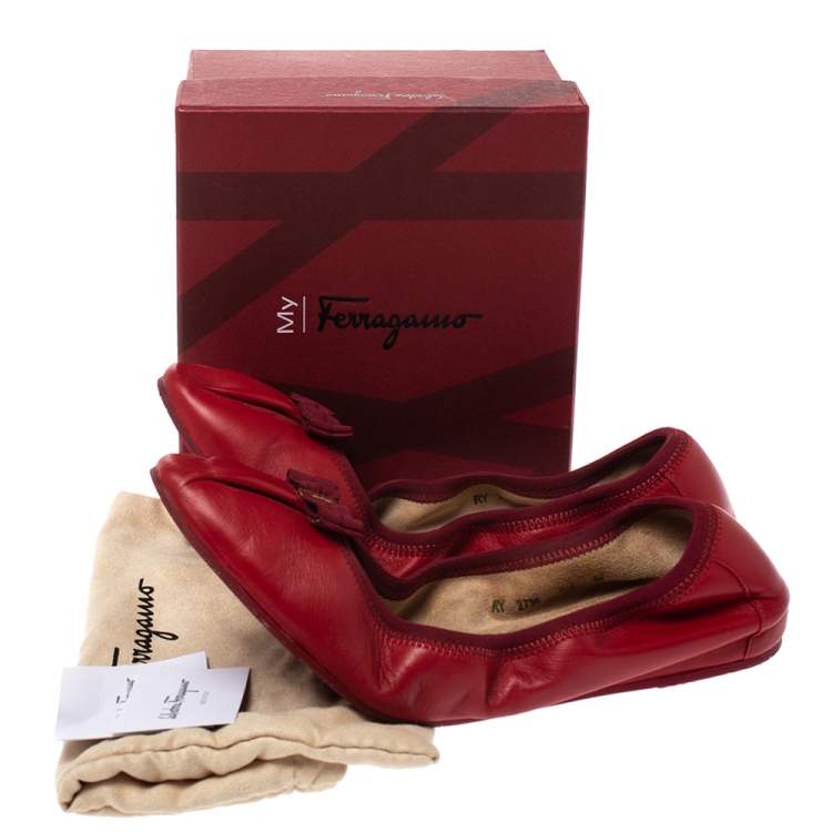 Pre Owned Salvatore Ferragamo Red Leather My Joy Scrunch Ballet Flats Size 39