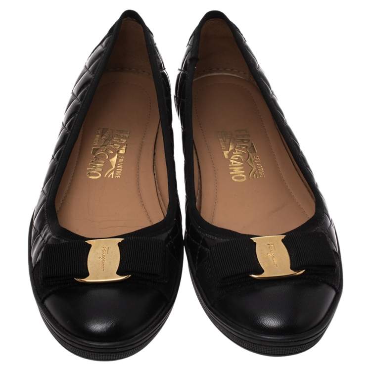 Pre Owned Salvatore Ferragamo Black Quilted Patent And Leather Rufina Sneaker Ballet Flats Size 39.5