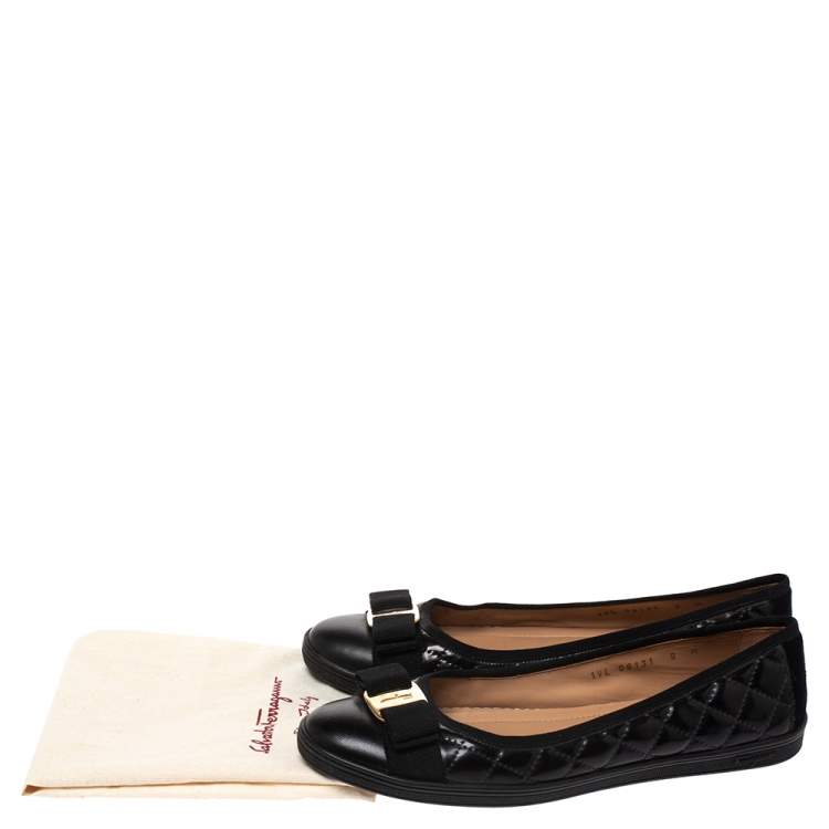 Pre Owned Salvatore Ferragamo Black Quilted Patent And Leather Rufina Sneaker Ballet Flats Size 39.5
