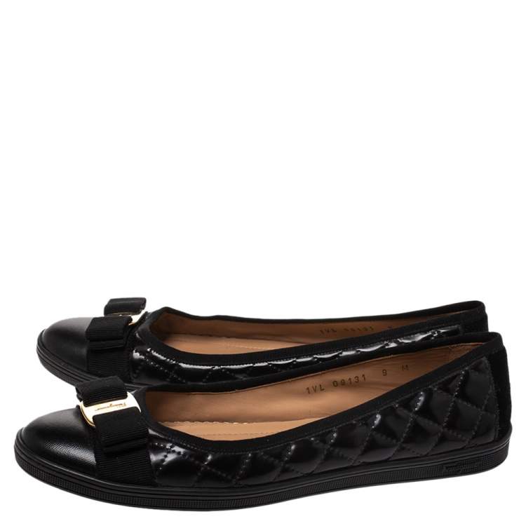 Pre Owned Salvatore Ferragamo Black Quilted Patent And Leather Rufina Sneaker Ballet Flats Size 39.5