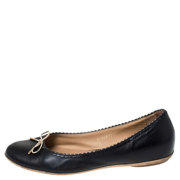 Pre Owned Salvatore Ferragamo Black/Gold Leather Bow Ballet Flats Size 40