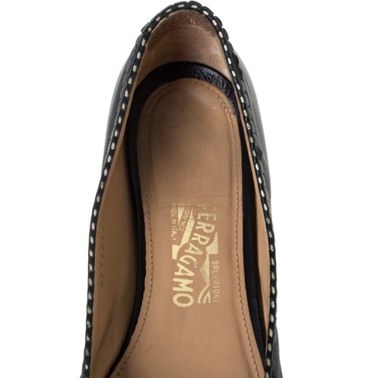 Pre Owned Salvatore Ferragamo Black/Gold Leather Bow Ballet Flats Size 40