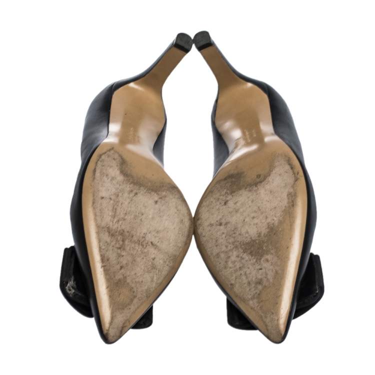 Pre Owned Salvatore Ferragamo Black Leather Oversized Bow Pointed Toe Pumps Size 38.5