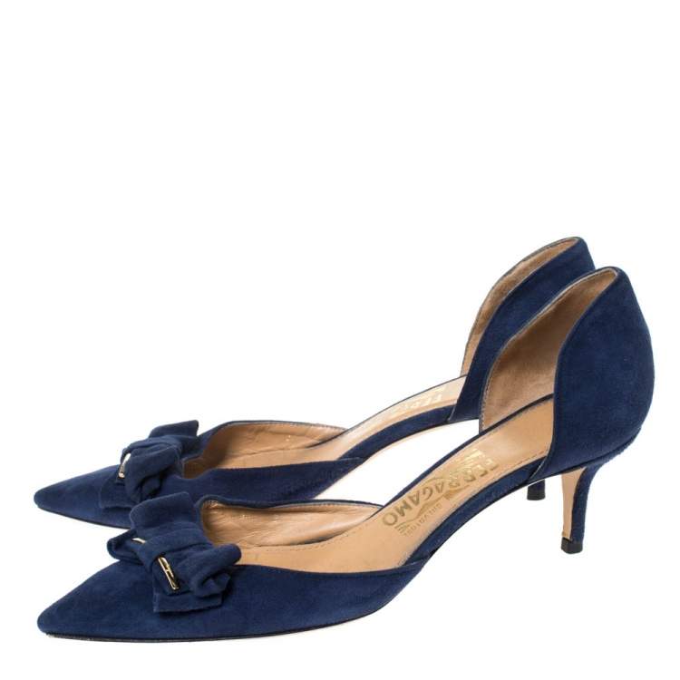 Pre Owned Salvatore Ferragamo Blue Suede Rietta Bow D'orsay Pointed Toe Sandals Size 39.5