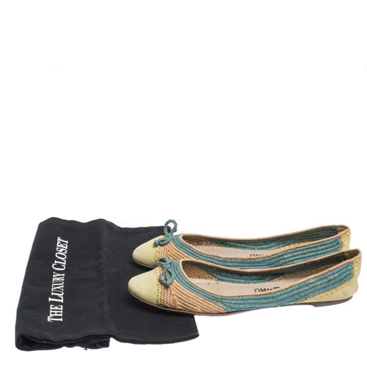Pre Owned Salvatore Ferragamo Tricolor Raffia And Nubuck Leather Bow Ballet Flats Size 38.5
