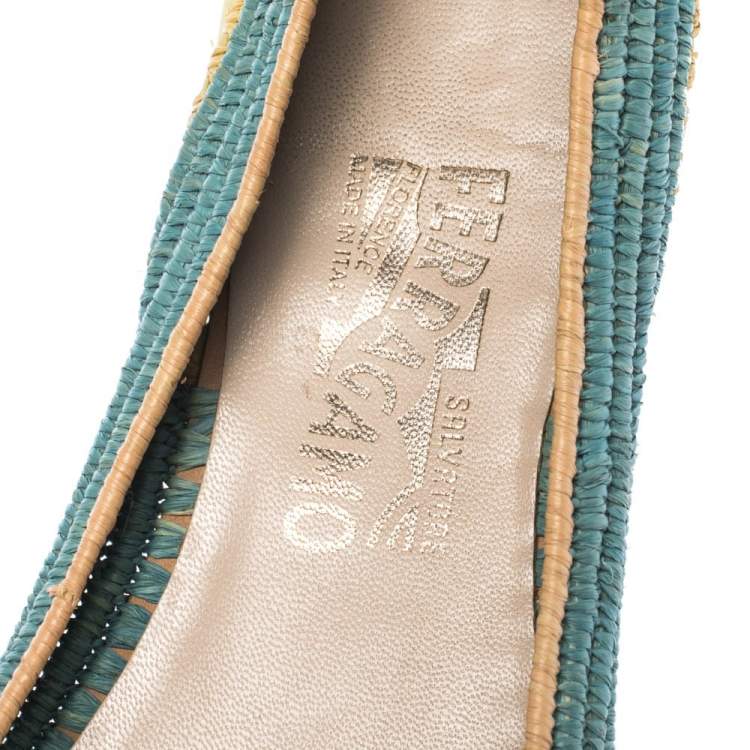 Pre Owned Salvatore Ferragamo Tricolor Raffia And Nubuck Leather Bow Ballet Flats Size 38.5
