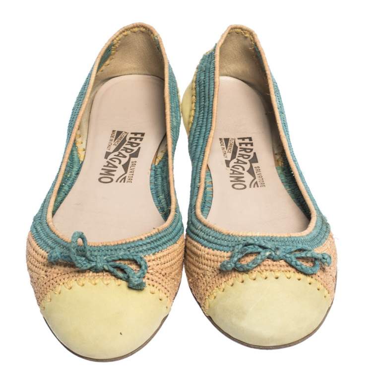 Pre Owned Salvatore Ferragamo Tricolor Raffia And Nubuck Leather Bow Ballet Flats Size 38.5
