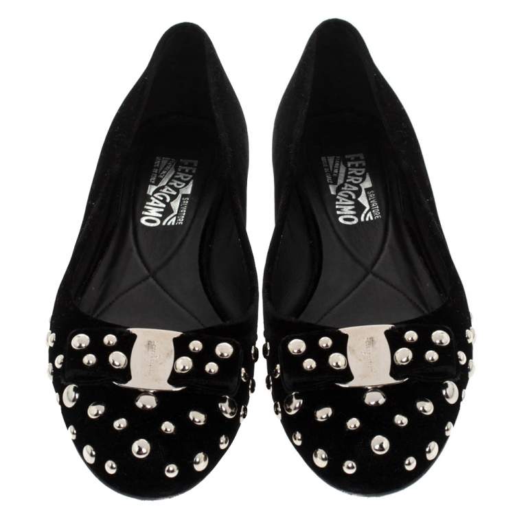 Pre Owned Salvatore Ferragamo Black Velvet Varina Studded Bow Ballet Flats Size 40