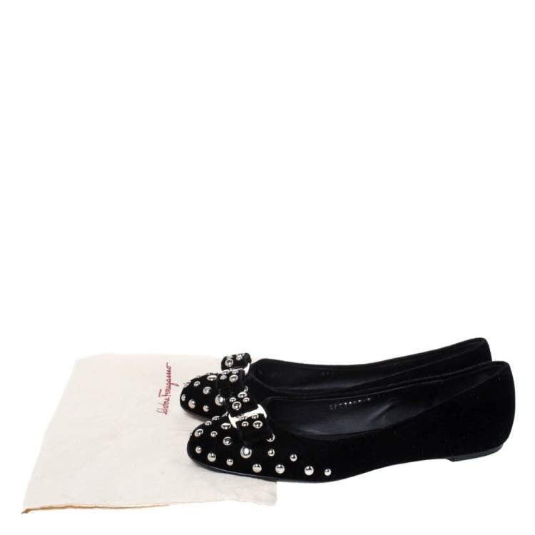 Pre Owned Salvatore Ferragamo Black Velvet Varina Studded Bow Ballet Flats Size 40