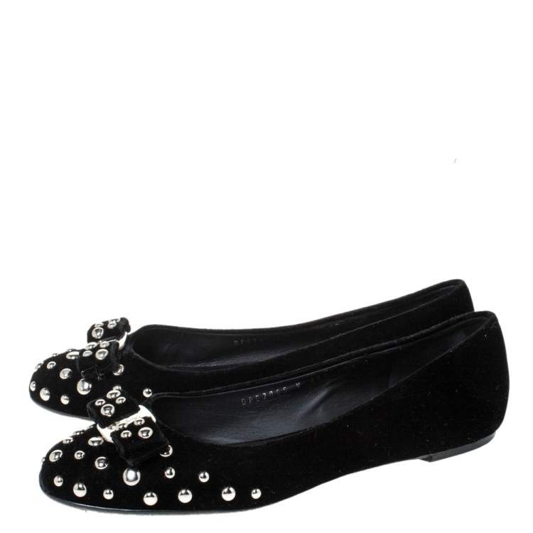 Pre Owned Salvatore Ferragamo Black Velvet Varina Studded Bow Ballet Flats Size 40