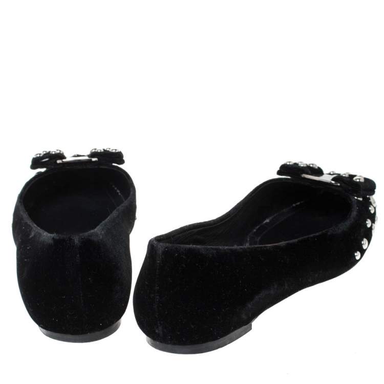 Pre Owned Salvatore Ferragamo Black Velvet Varina Studded Bow Ballet Flats Size 40