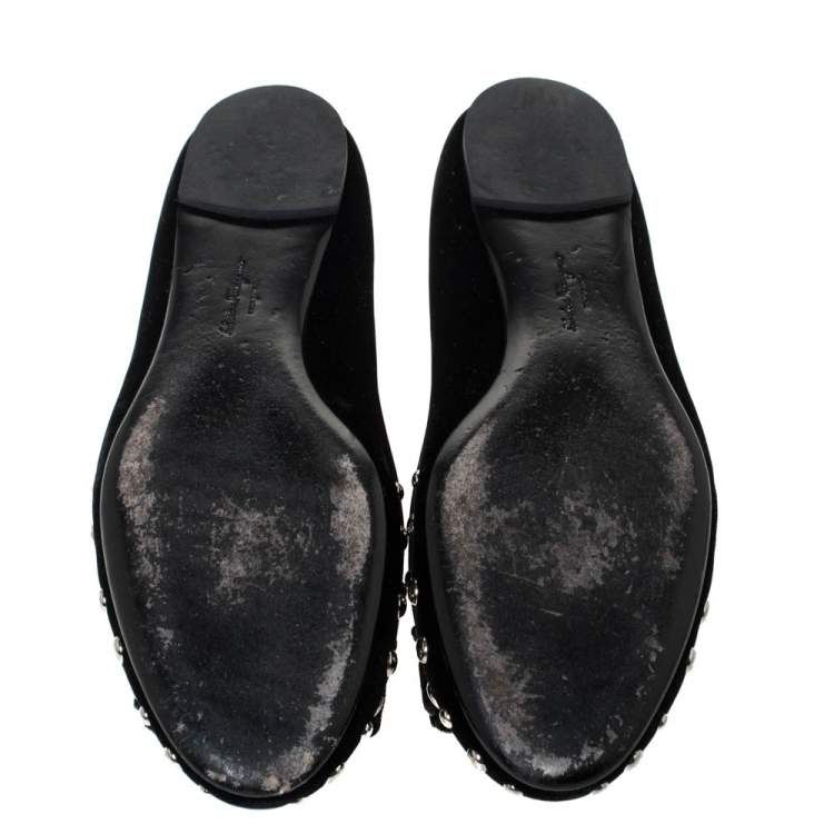 Pre Owned Salvatore Ferragamo Black Velvet Varina Studded Bow Ballet Flats Size 40
