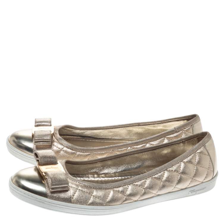 Pre Owned Salvatore Ferragamo Metallic Gold Quilted Leather Rufina Vara Bow Ballet Flats Size 38