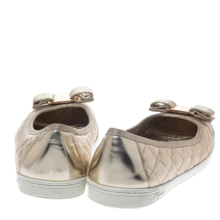 Pre Owned Salvatore Ferragamo Metallic Gold Quilted Leather Rufina Vara Bow Ballet Flats Size 38