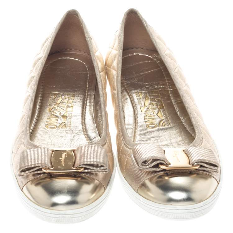 Pre Owned Salvatore Ferragamo Metallic Gold Quilted Leather Rufina Vara Bow Ballet Flats Size 38