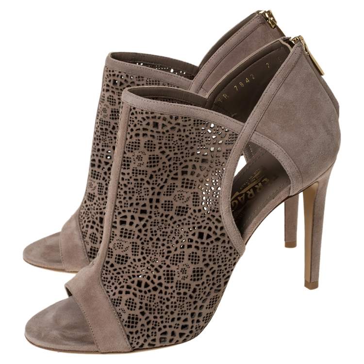 Pre Owned Salvatore Ferragamo Beige Suede Leather Laser Cut Open Toe Ankle Booties Size 37.5