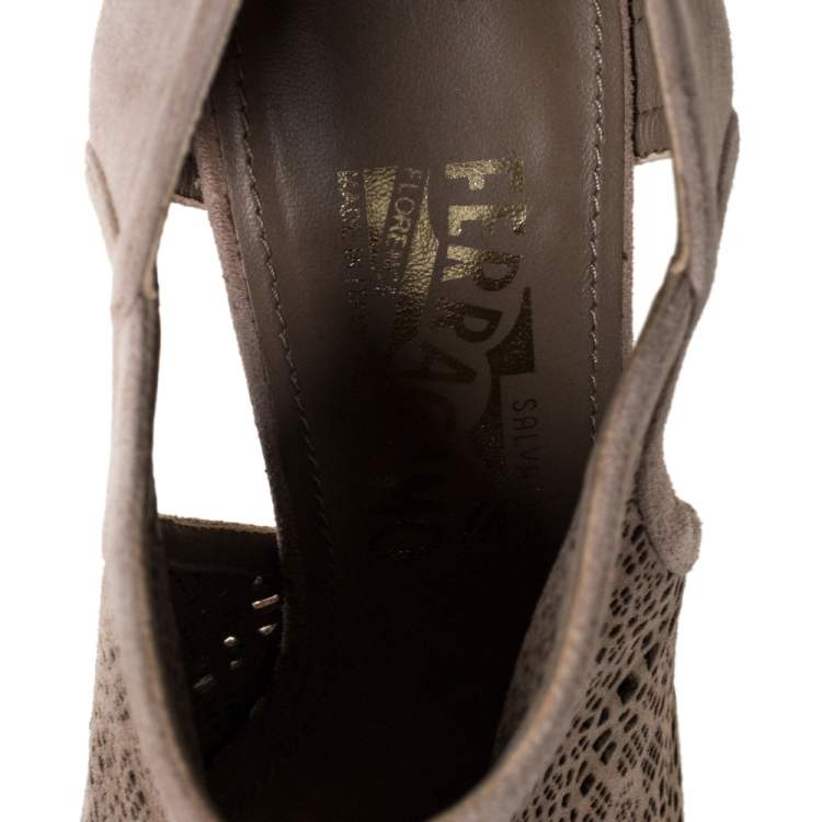 Pre Owned Salvatore Ferragamo Beige Suede Leather Laser Cut Open Toe Ankle Booties Size 37.5