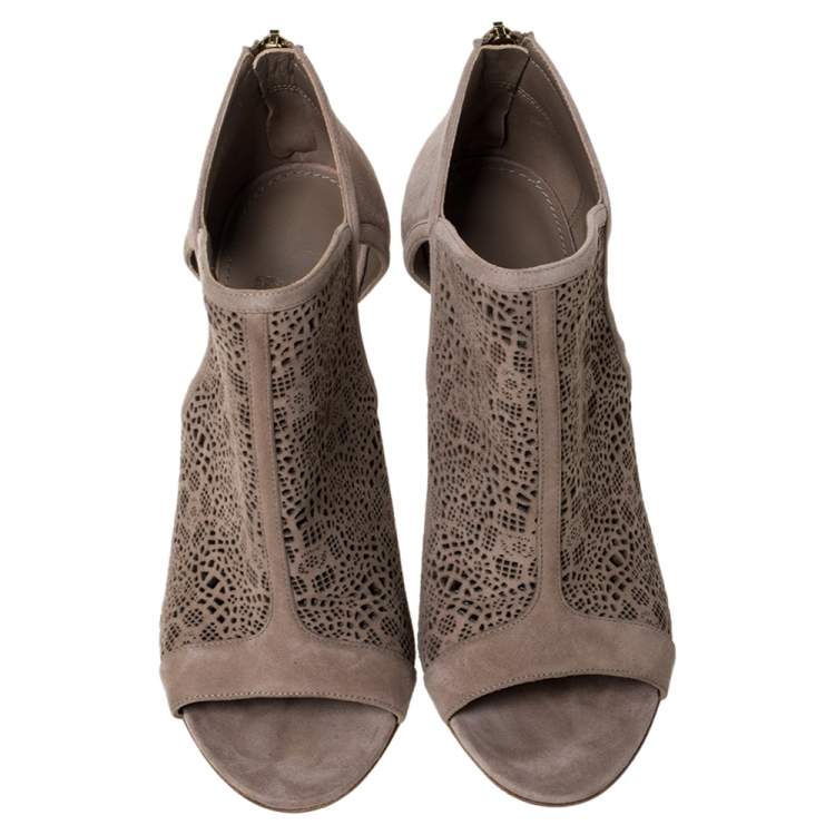 Pre Owned Salvatore Ferragamo Beige Suede Leather Laser Cut Open Toe Ankle Booties Size 37.5