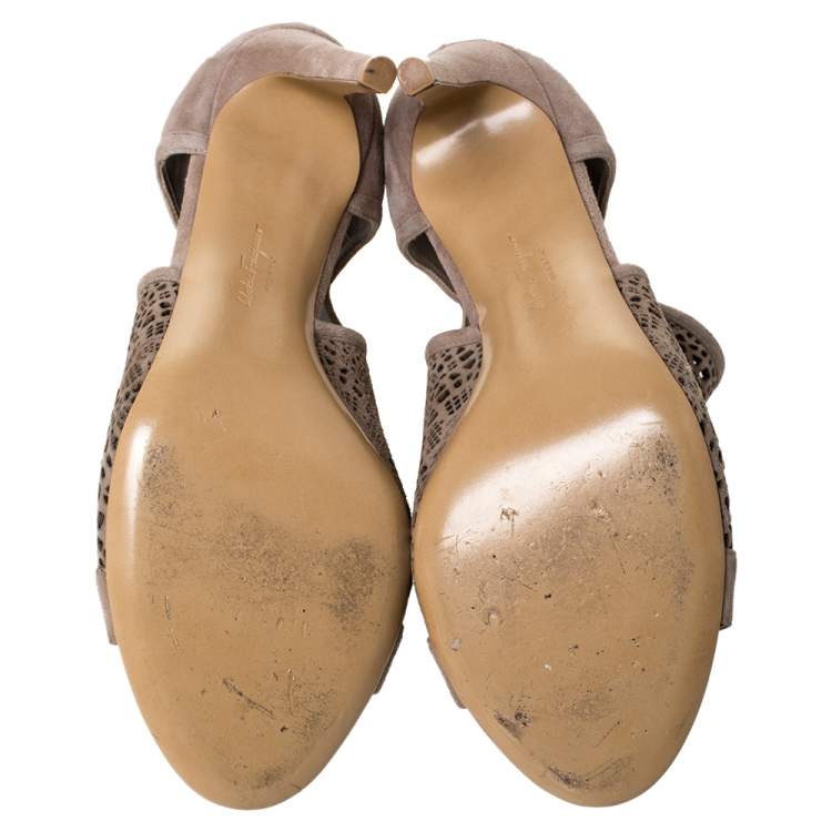 Pre Owned Salvatore Ferragamo Beige Suede Leather Laser Cut Open Toe Ankle Booties Size 37.5