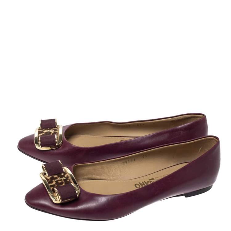 Pre Owned Salvatore Ferragamo Burgundy Leather Bow Ballet Flats Size 38.5