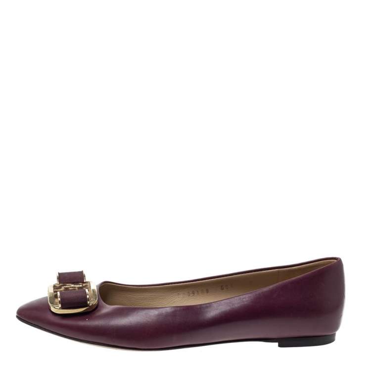 Pre Owned Salvatore Ferragamo Burgundy Leather Bow Ballet Flats Size 38.5