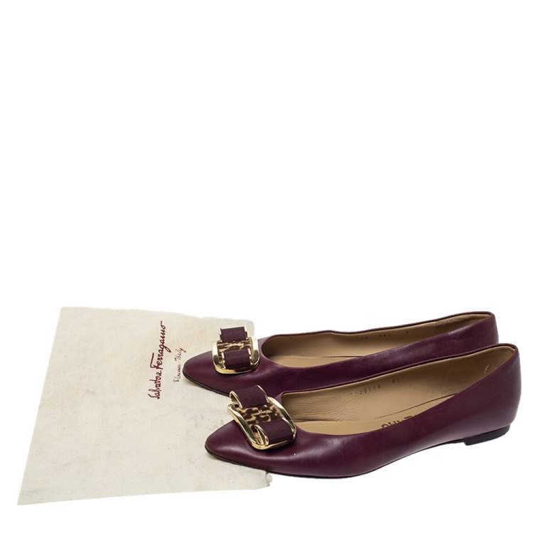 Pre Owned Salvatore Ferragamo Burgundy Leather Bow Ballet Flats Size 38.5