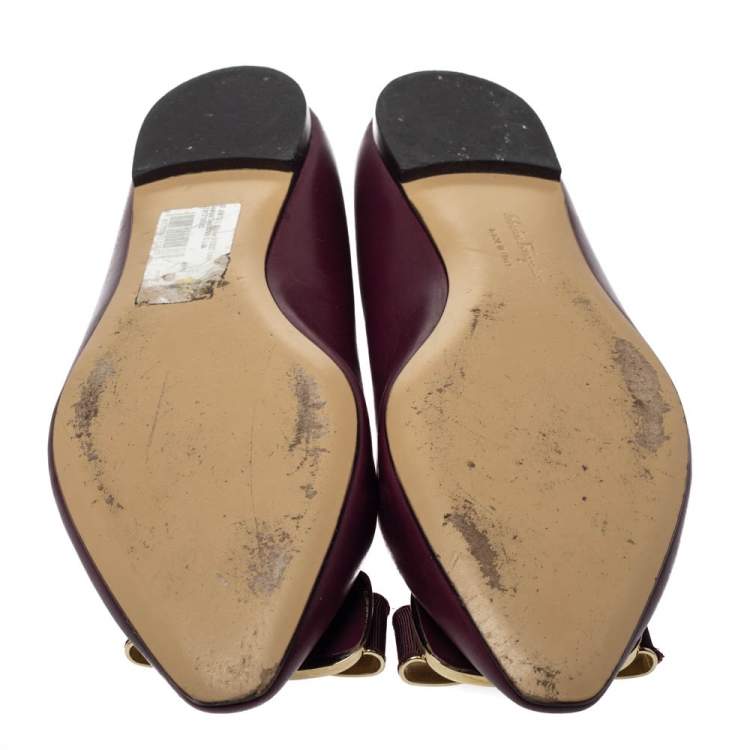 Pre Owned Salvatore Ferragamo Burgundy Leather Bow Ballet Flats Size 38.5