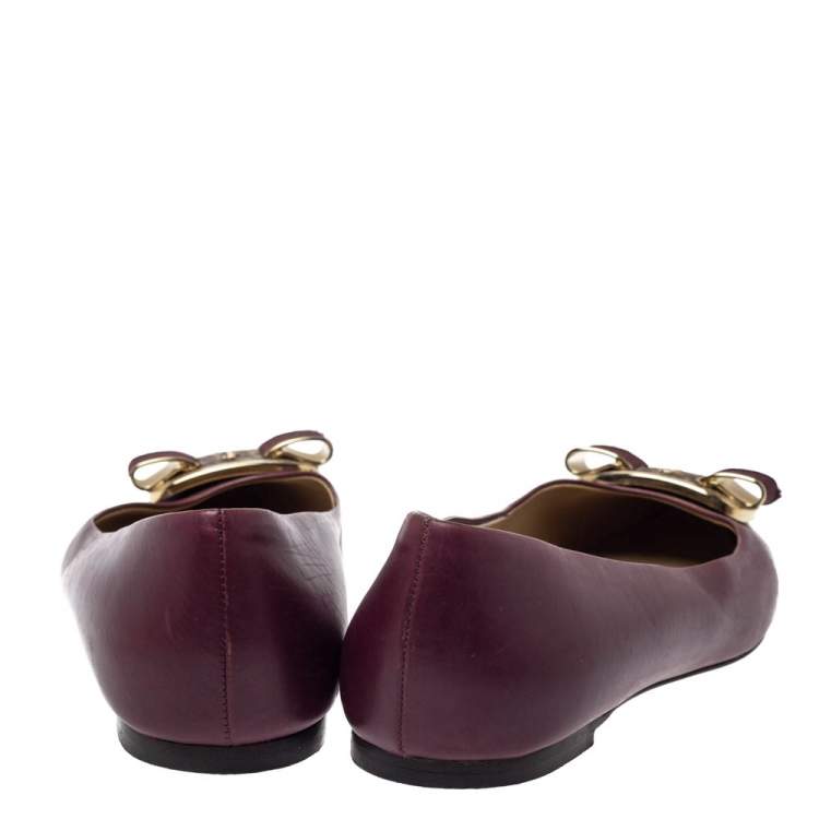 Pre Owned Salvatore Ferragamo Burgundy Leather Bow Ballet Flats Size 38.5