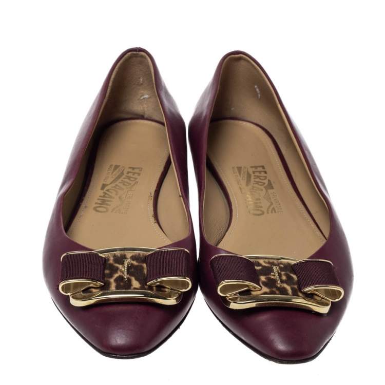 Pre Owned Salvatore Ferragamo Burgundy Leather Bow Ballet Flats Size 38.5