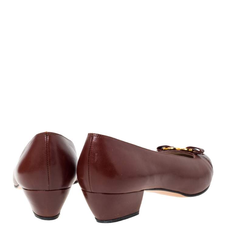 Pre Owned Salvatore Ferragamo Brown Leather And Croc Bow Cap Toe Ballet Flats Size 39
