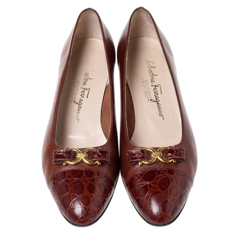 Pre Owned Salvatore Ferragamo Brown Leather And Croc Bow Cap Toe Ballet Flats Size 39
