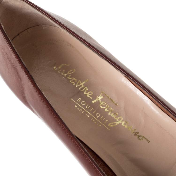 Pre Owned Salvatore Ferragamo Brown Leather And Croc Bow Cap Toe Ballet Flats Size 39