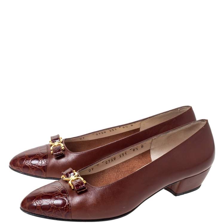 Pre Owned Salvatore Ferragamo Brown Leather And Croc Bow Cap Toe Ballet Flats Size 39