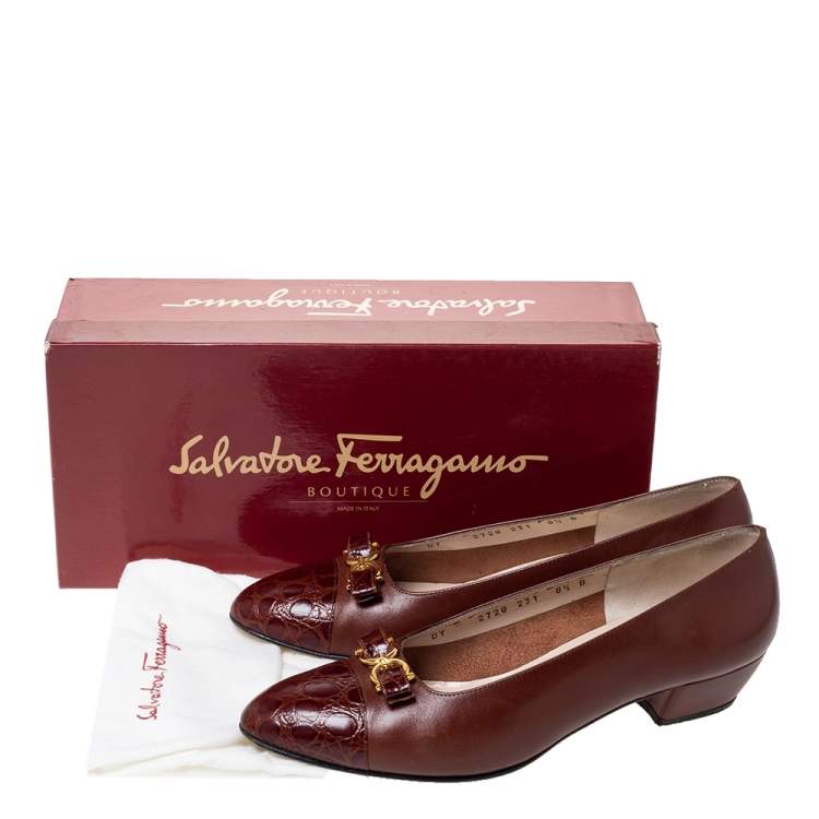 Pre Owned Salvatore Ferragamo Brown Leather And Croc Bow Cap Toe Ballet Flats Size 39