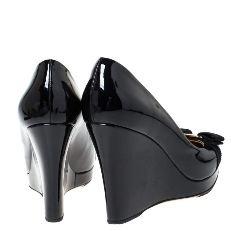 Pre Owned Salvatore Ferragamo Black Patent Leather Tosca Wedge Platform Pumps Size 40