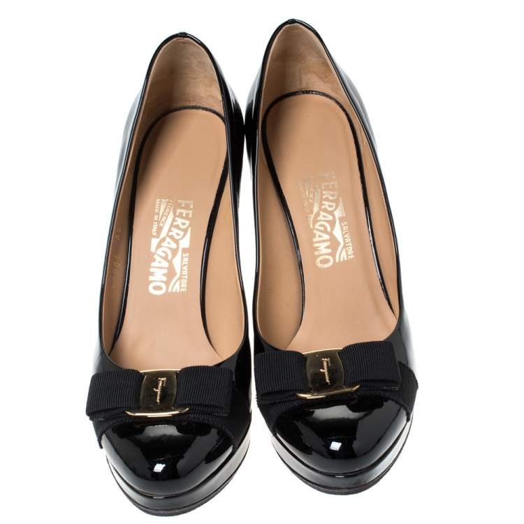 Pre Owned Salvatore Ferragamo Black Patent Leather Tosca Wedge Platform Pumps Size 40