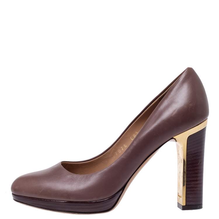 Pre Owned Salvatore Ferragamo Brown Leather Platform Pumps Size 35.5 