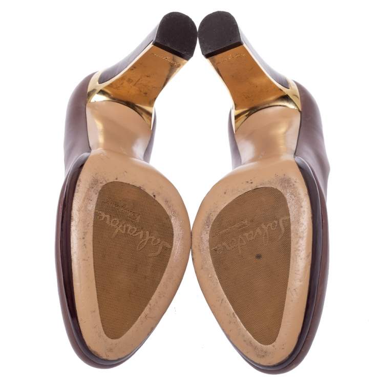 Pre Owned Salvatore Ferragamo Brown Leather Platform Pumps Size 35.5 