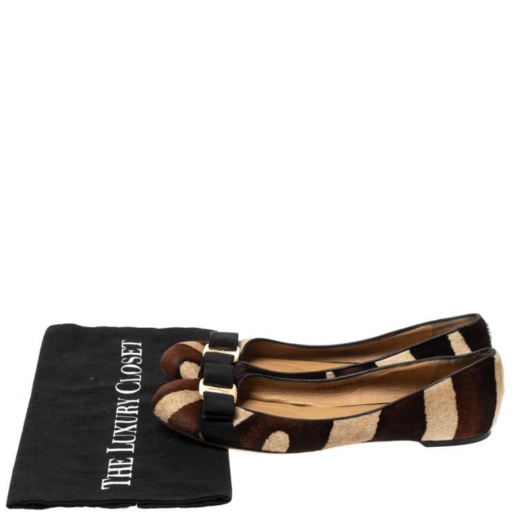 Pre Owned Salvatore Ferragamo Multicolor Calf Hair Varina Bow Ballet Flats Size 38.5