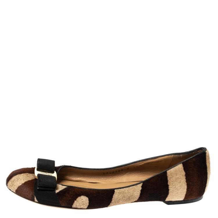 Pre Owned Salvatore Ferragamo Multicolor Calf Hair Varina Bow Ballet Flats Size 38.5