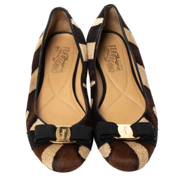 Pre Owned Salvatore Ferragamo Multicolor Calf Hair Varina Bow Ballet Flats Size 38.5