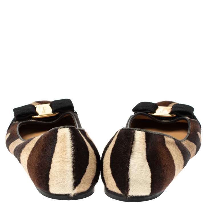 Pre Owned Salvatore Ferragamo Multicolor Calf Hair Varina Bow Ballet Flats Size 38.5