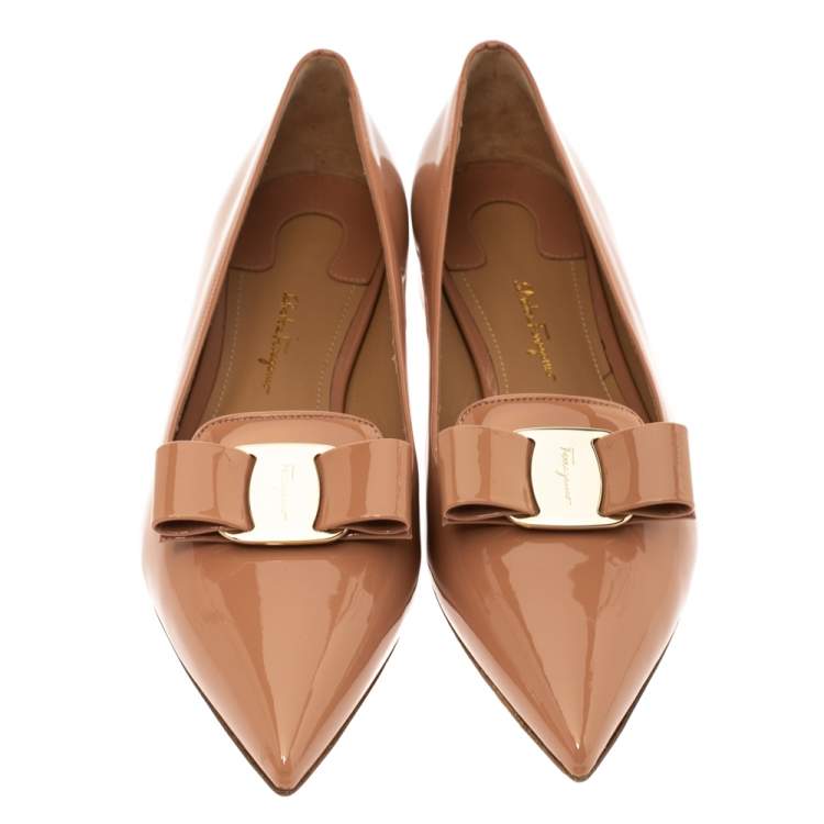Pre Owned Salvatore Ferragamo Peach Patent Leather Alice Point Toe Ballet Flats Size 41