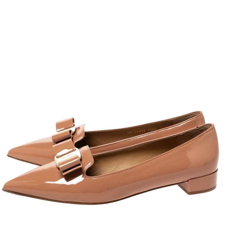 Pre Owned Salvatore Ferragamo Peach Patent Leather Alice Point Toe Ballet Flats Size 41