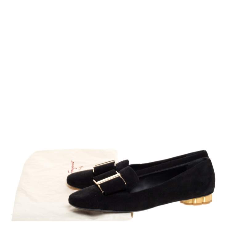 Pre Owned Salvatore Ferragamo Black Suede Sarno Bow Loafer Size 40.5