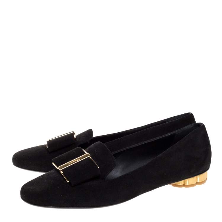 Pre Owned Salvatore Ferragamo Black Suede Sarno Bow Loafer Size 40.5